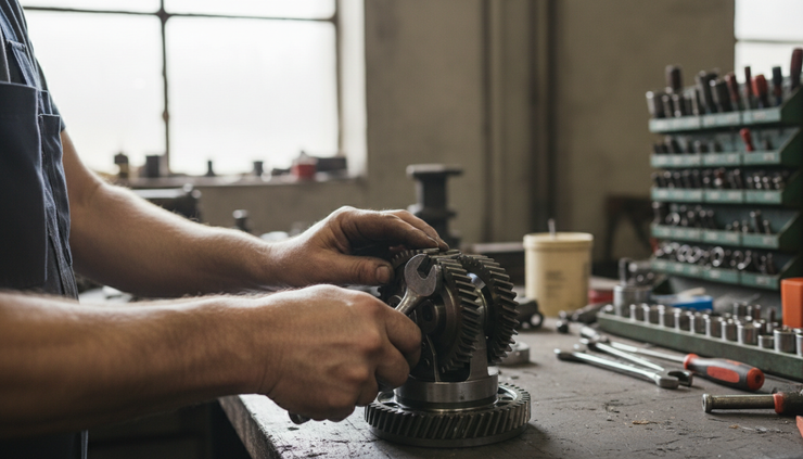 Close-up view of a mechanic adjusting a metal machine part in a workshop.