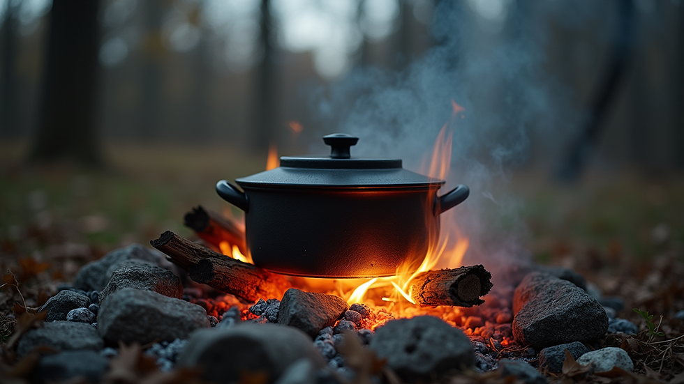 Eye-level view of a campfire with a pot cooking over it