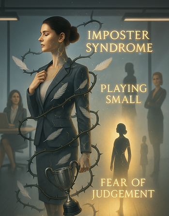 Woman bound by vines symbolizing imposter syndrome, playing small, fear of judgement, and subconscious reprogramming