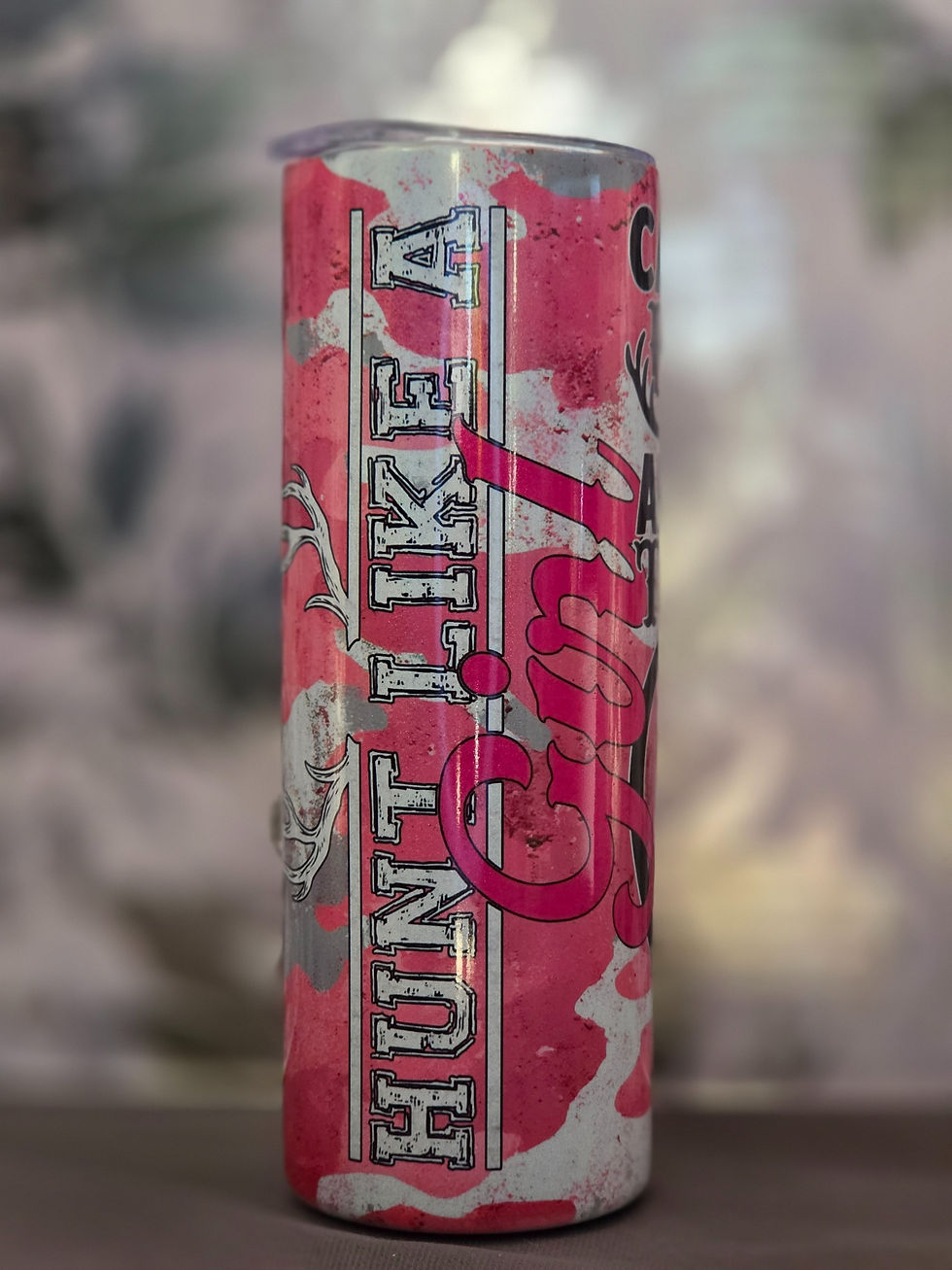 Hunt Like a Girl pink and silver holographic 20oz skinny tumbler side view