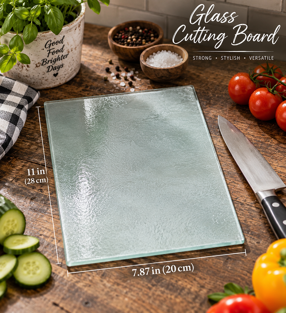 Frosted glass cutting board with dimensions 11 by 7.87 inches.
