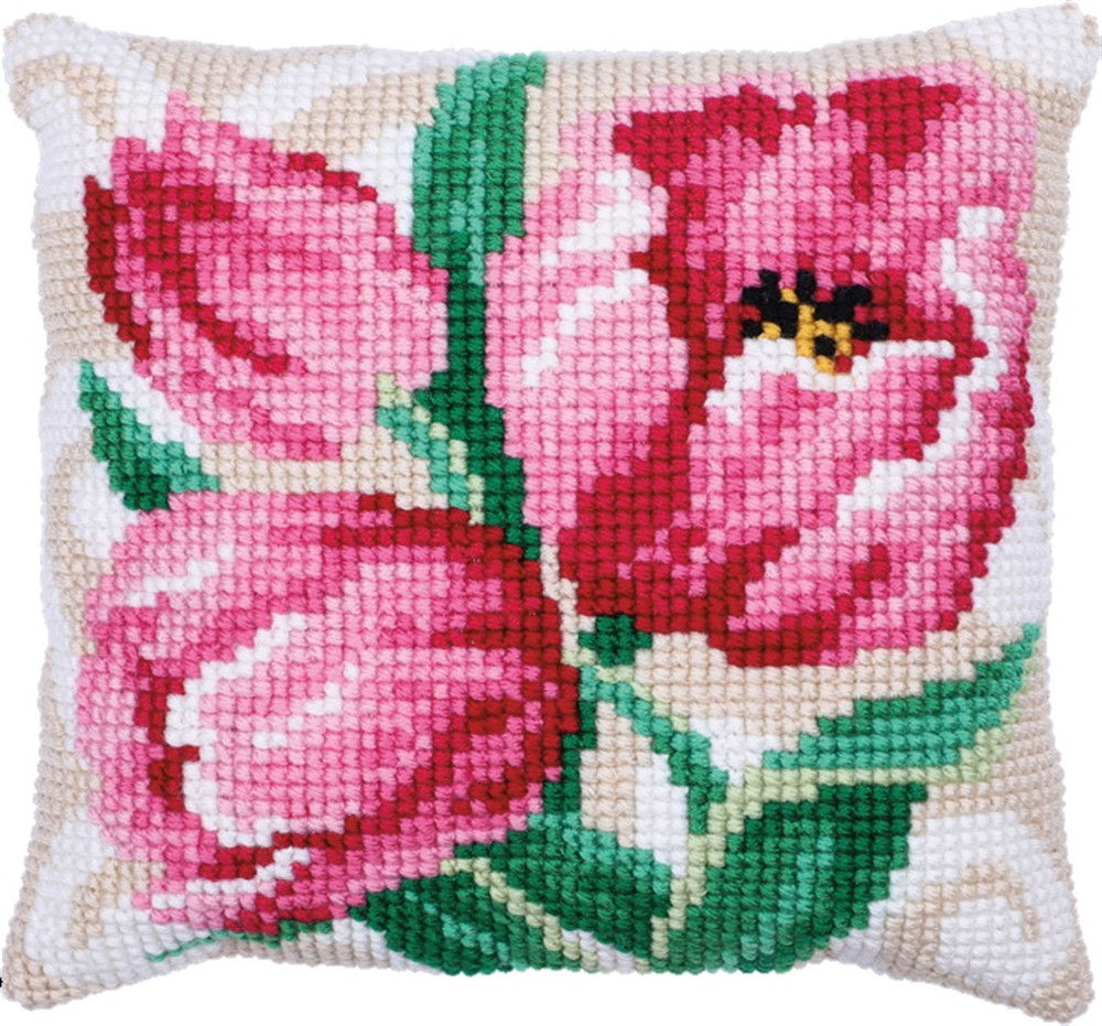 Ladybird Cross Stitch Cushion Kit- PINK TULIPS LH9023
