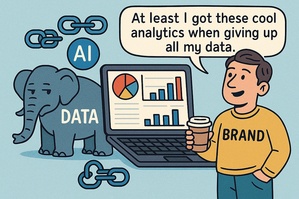 A cartoon man with "BRAND" on his shirt holds coffee beside a laptop showing analytics. An elephant labeled "DATA" and chain links are behind.