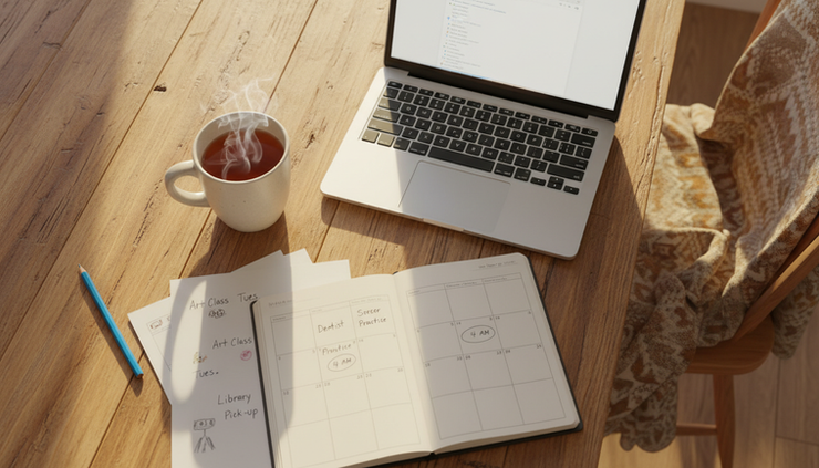 Vue de dessus d’une tasse de thé, d’un agenda et d’un ordinateur ouvert à la maison