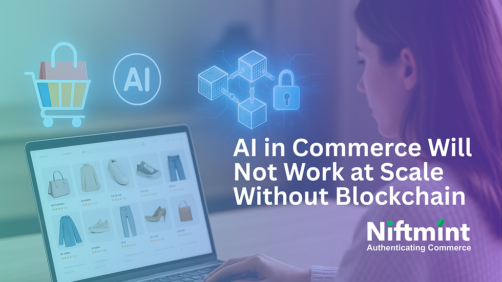 Woman using laptop with online store, icons of shopping cart, AI, blockchain, lock. Text: "AI in Commerce Will Not Work at Scale Without Blockchain."