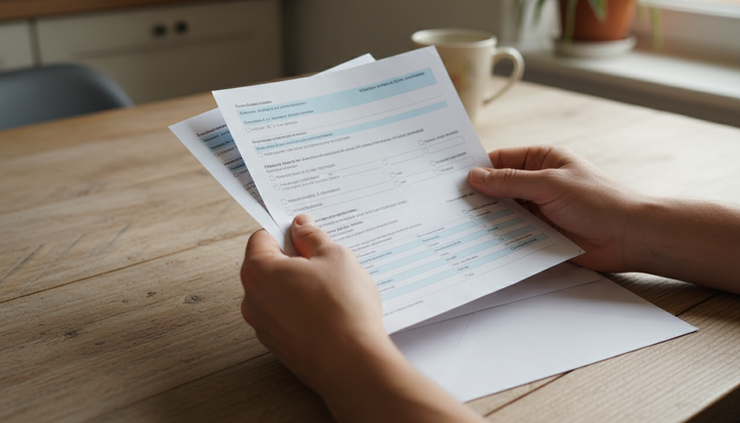 Gros plan sur des mains tenant des formulaires médicaux non identifiables près d’une enveloppe.