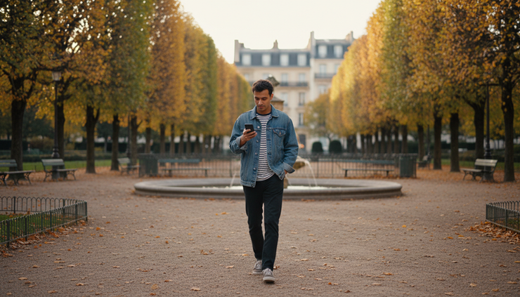 Vue grand angle d’une personne marchant seule dans un parc avec un téléphone à la main.