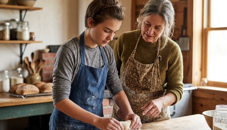 Eye-level view of a teenager learning to shape bread dough in a small community kitchen.