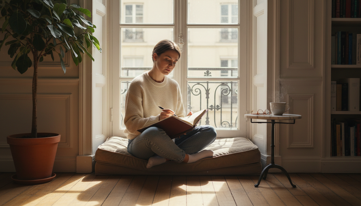 Vue à hauteur des yeux d’une personne assise près d’une fenêtre avec un carnet ouvert.