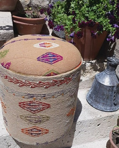 Thumbnail: Boho Vintage Kilim Pouf - Rich Camel Pastel Diamond x 3