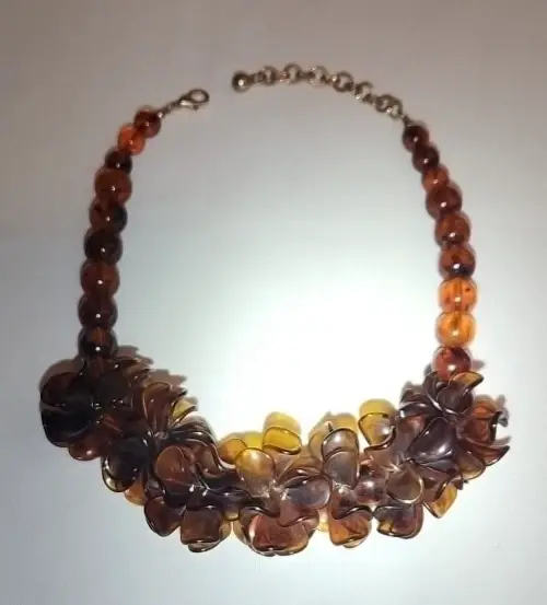 Vintage Amber Resin Chunky Petal Cluster & Round Beaded Necklace 22" Adjustable