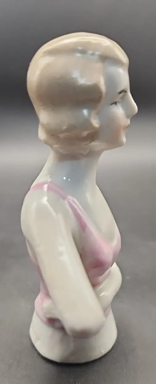 Thumbnail: Vintage Germany Mold #2348/3 Pin Cushion Half Doll - Hand-Painted 3.5" Pink Tank