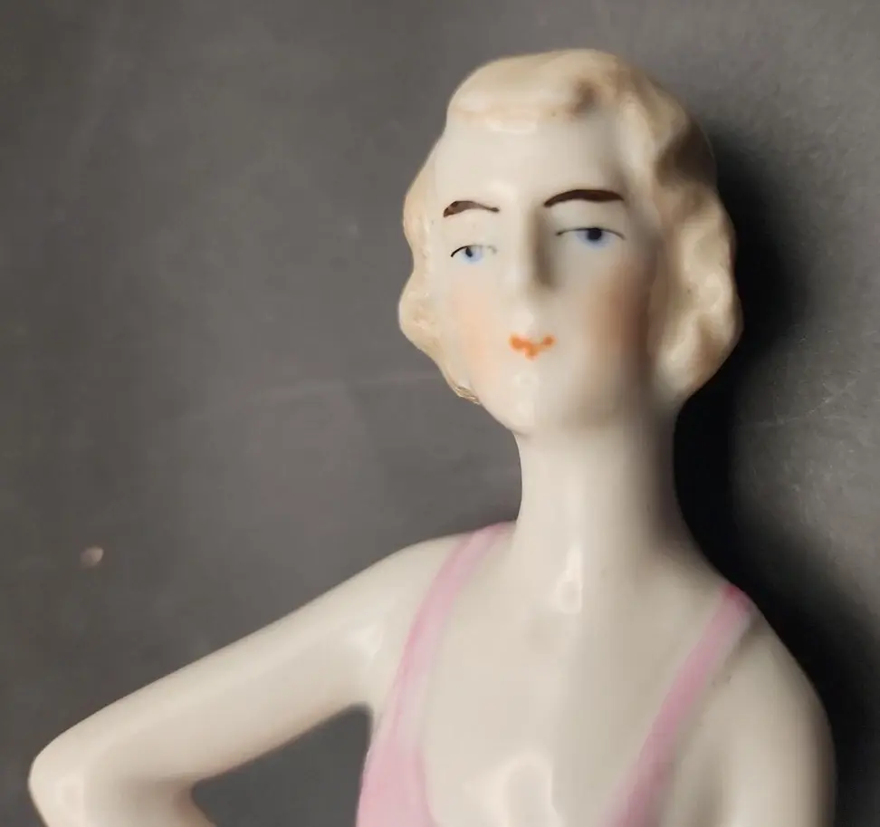 Thumbnail: Vintage Germany Mold #2348/3 Pin Cushion Half Doll - Hand-Painted 3.5" Pink Tank