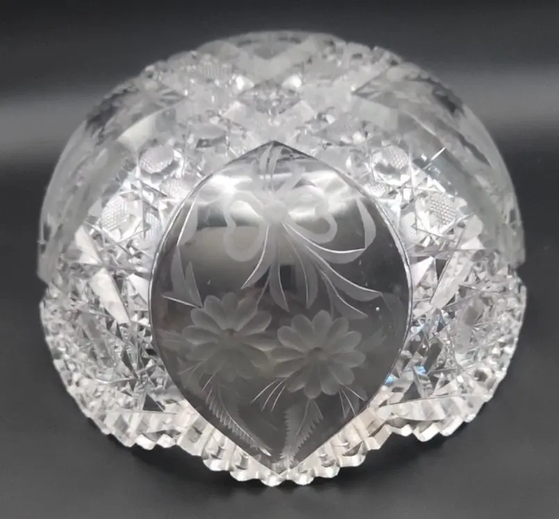 Thumbnail: VTG American Brilliant Cut Glass Heavy Centerpiece Bowl 8" Etched Floral Motif