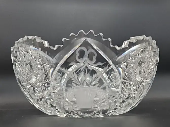 Thumbnail: VTG American Brilliant Cut Glass Heavy Centerpiece Bowl 8" Etched Floral Motif