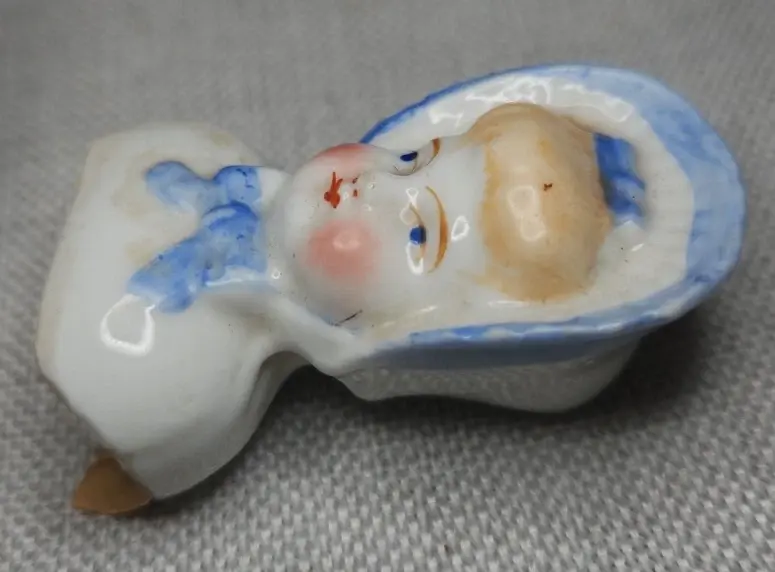 Thumbnail: Antique Germany Porcelain Bonnet Doll Head & Shoulders