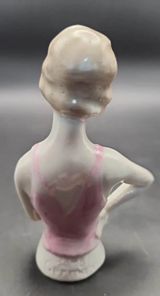 Thumbnail: Vintage Germany Mold #2348/3 Pin Cushion Half Doll - Hand-Painted 3.5" Pink Tank