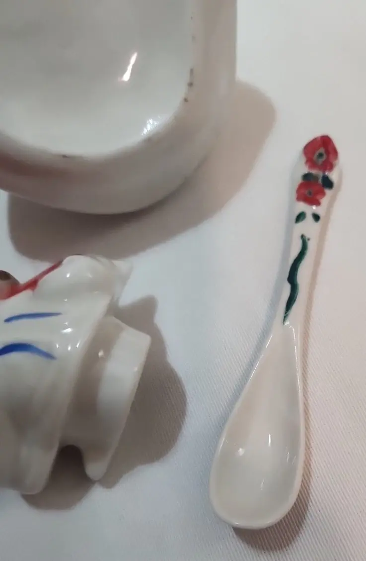 Thumbnail: Vintage Hull Pottery Little Red Riding Hood Mustard / Jam Jar w/ Spoon L. Bauer