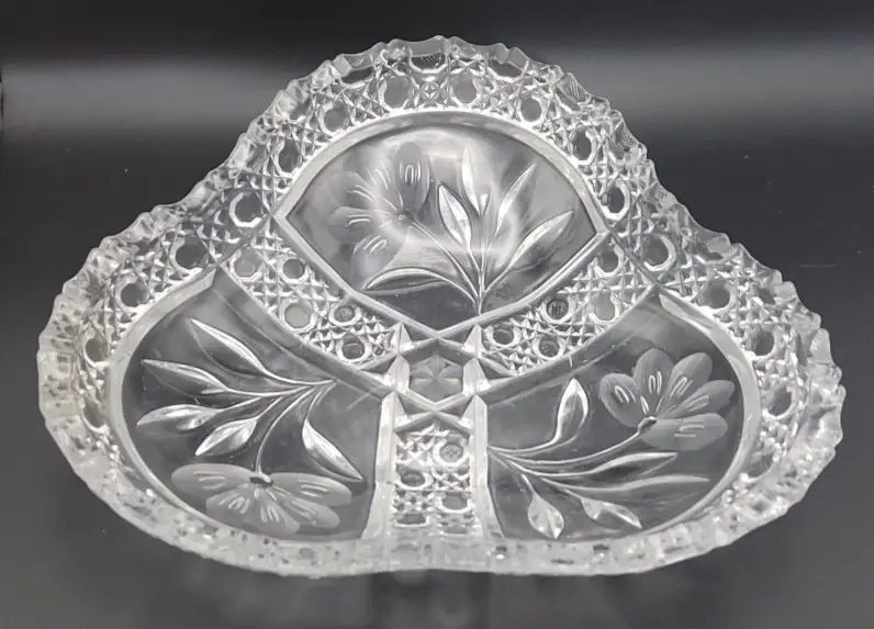 Thumbnail: Vintage Lead Crystal Heart Shaped Candy Dish With Etched Flowers
