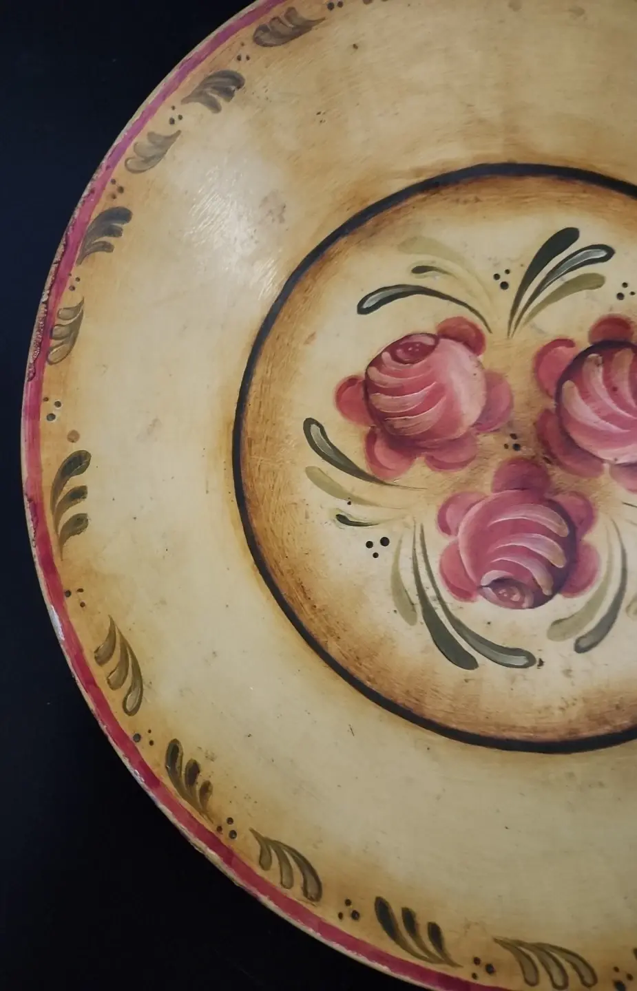 Thumbnail: Vintage American Folk Art Toleware Floral Painted Tinware Bowl - 11.25" x 1.5"