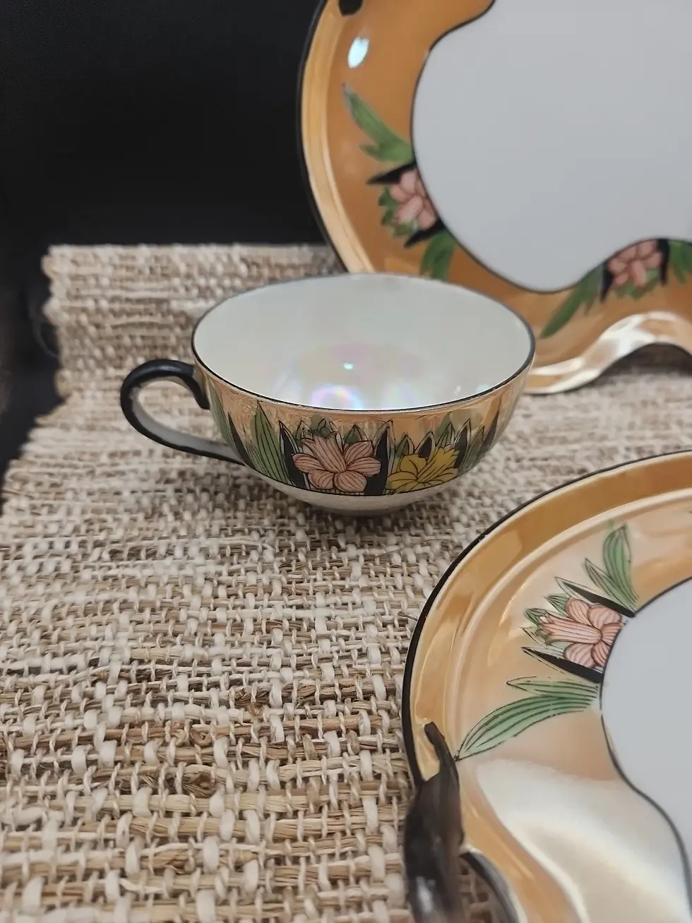 Thumbnail: Art Deco Noritake Morimura Pretty Daffodil Peach Lusterware 4-PC Snack Set