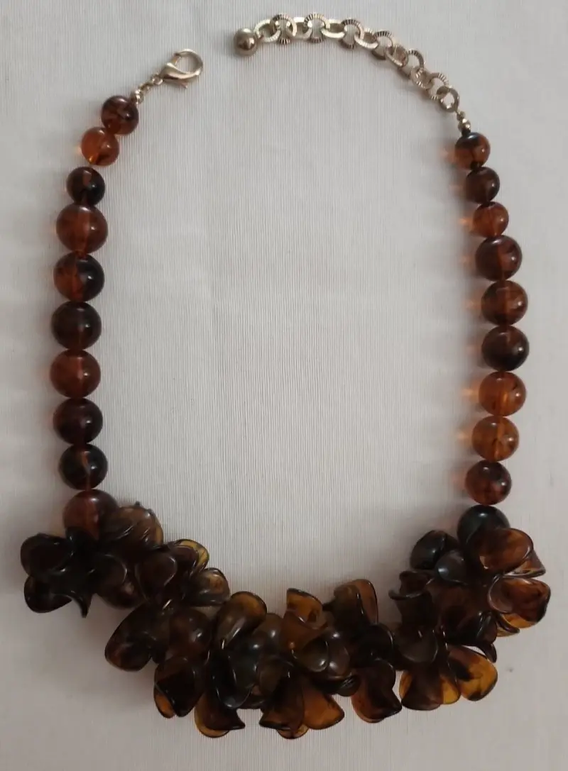 Thumbnail: Vintage Amber Resin Chunky Petal Cluster & Round Beaded Necklace 22" Adjustable