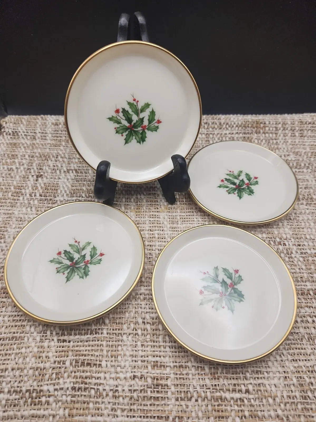 Set of 4 Lenox Holiday Dimensions- Porcelain Holly & Berry Gold Rim Coasters