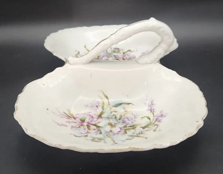 Thumbnail: Early 1900's Porcelain Divided Serving Dish w/ Handle - Unmarked w/ Floral Motif