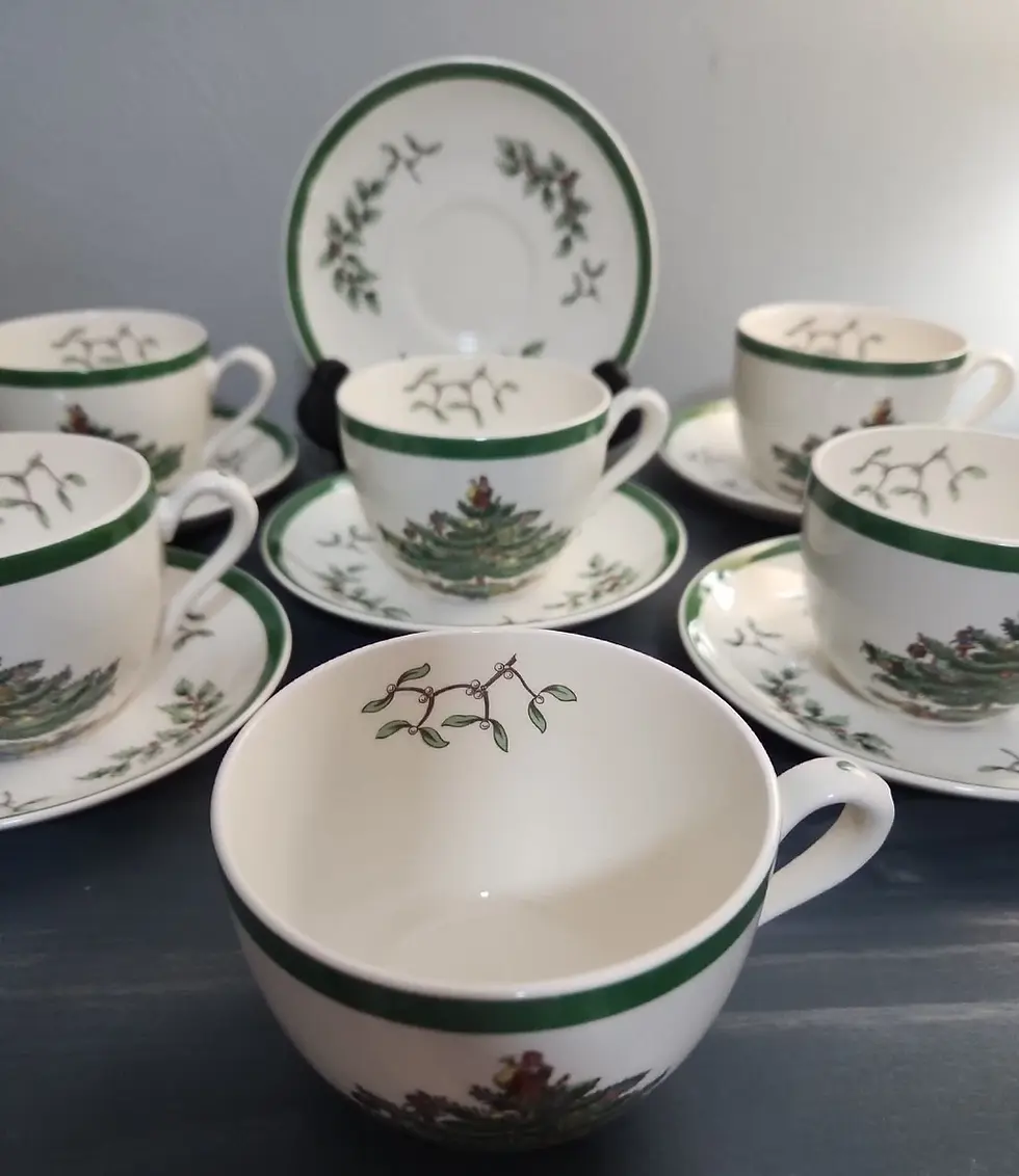 Thumbnail: Vintage SPODE CHRISTMAS TREE Cups & Saucers - Set of 6 - S3324 - EUC - 12 Pieces