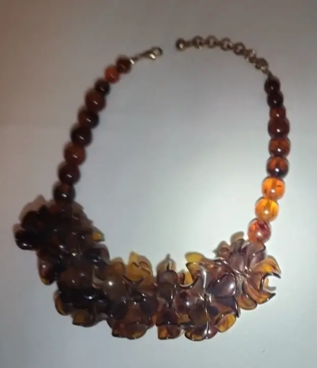 Thumbnail: Vintage Amber Resin Chunky Petal Cluster & Round Beaded Necklace 22" Adjustable