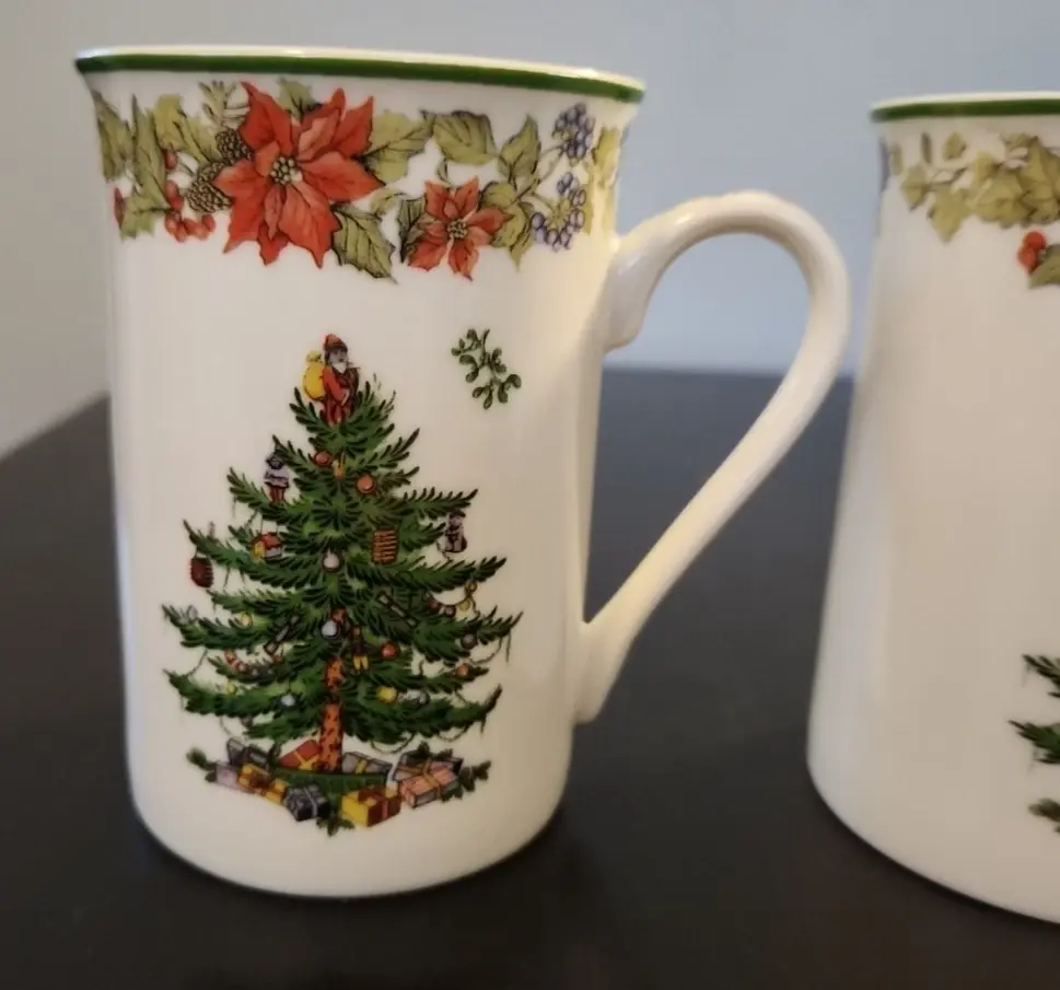 Thumbnail: Pair of SPODE 2016 Annual Christmas Tree Mugs - Poinsettia & Mistletoe