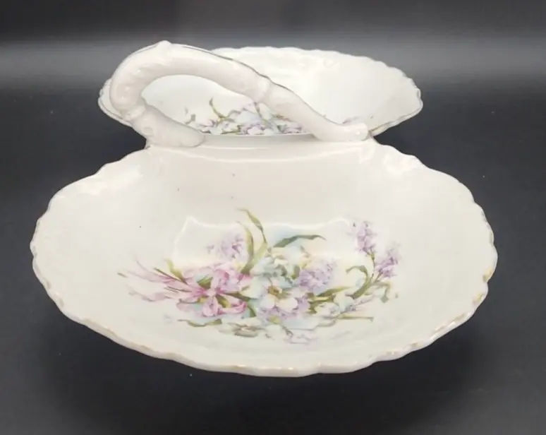 Thumbnail: Early 1900's Porcelain Divided Serving Dish w/ Handle - Unmarked w/ Floral Motif