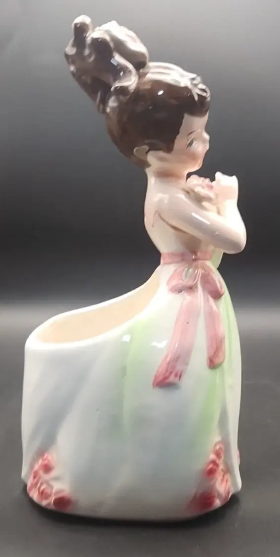 Thumbnail: Vintage 1950's Girl w/ Lotus Planter ENESCO Japan EUC 7.25" x 3.75" x 3.75"