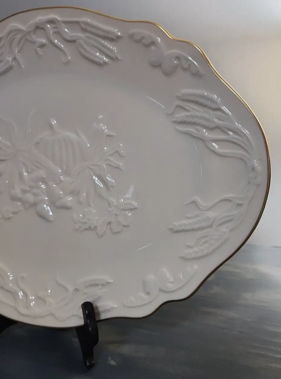 Thumbnail: Vintage LENOX Harvest Oval Serving Platter - Ivory China w/ Gold Trim 14" x 10"