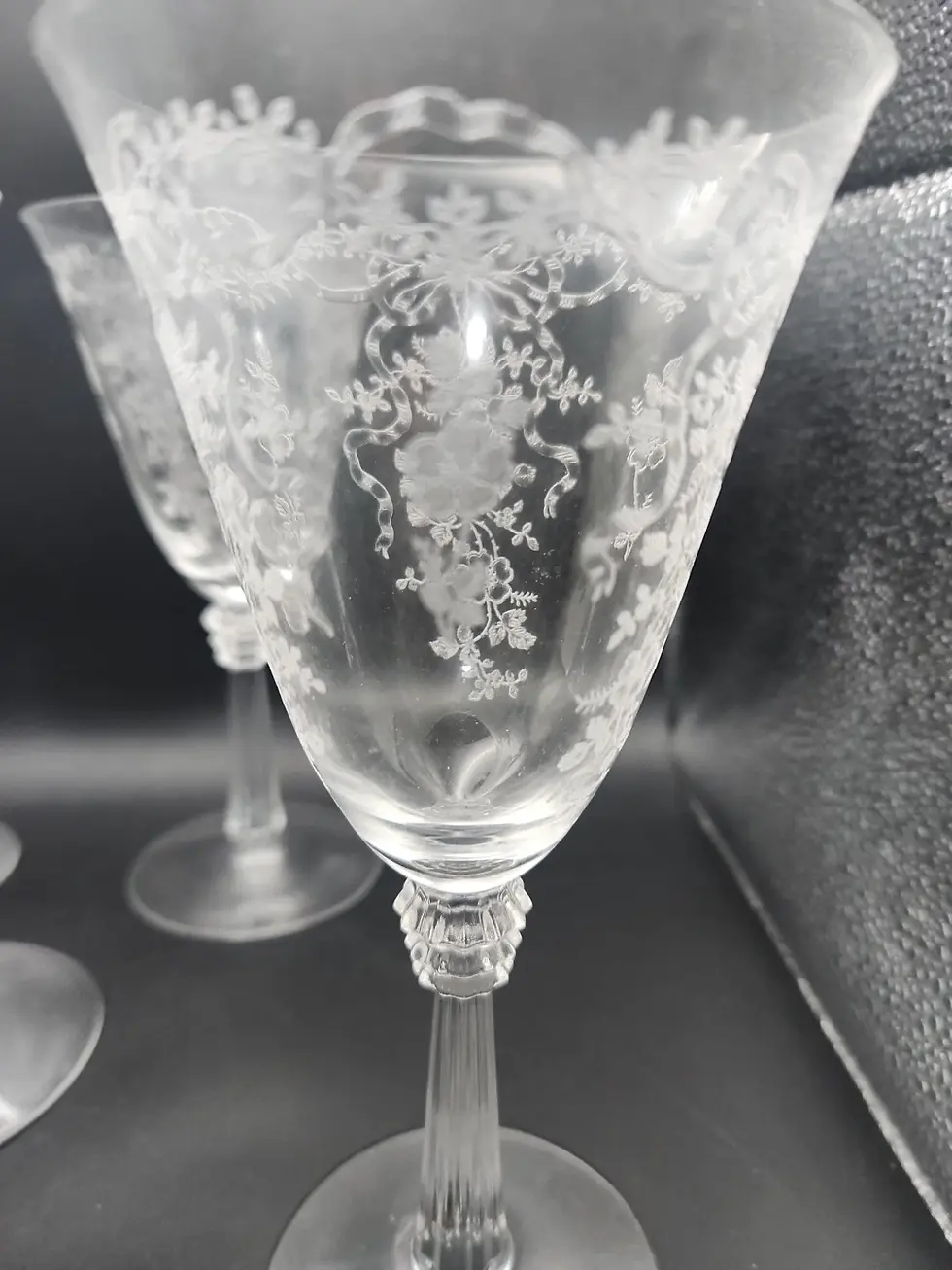 Thumbnail: 4 Vintage Fostoria Glass 7.5" Wine / Water Goblets - Romance Pattern Etch 341