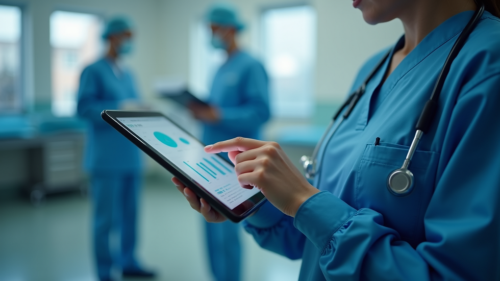 Close-up view of a hospital technician using SOP software on a tablet