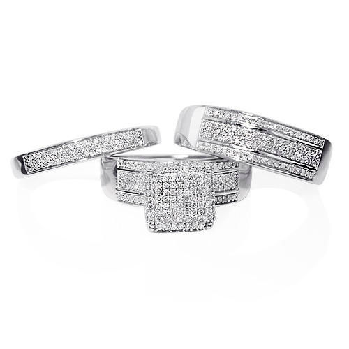 Thumbnail: Sterling Silver 0.83ct Diamond Trio His and Hers Wedding Ring Set