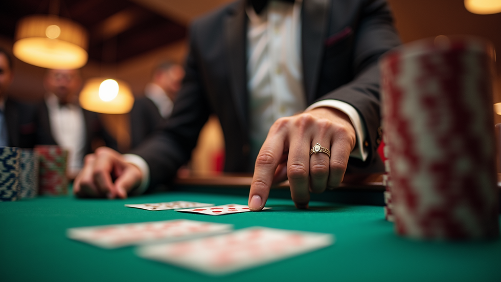 Eye-level view of a live casino dealer dealing cards at a table