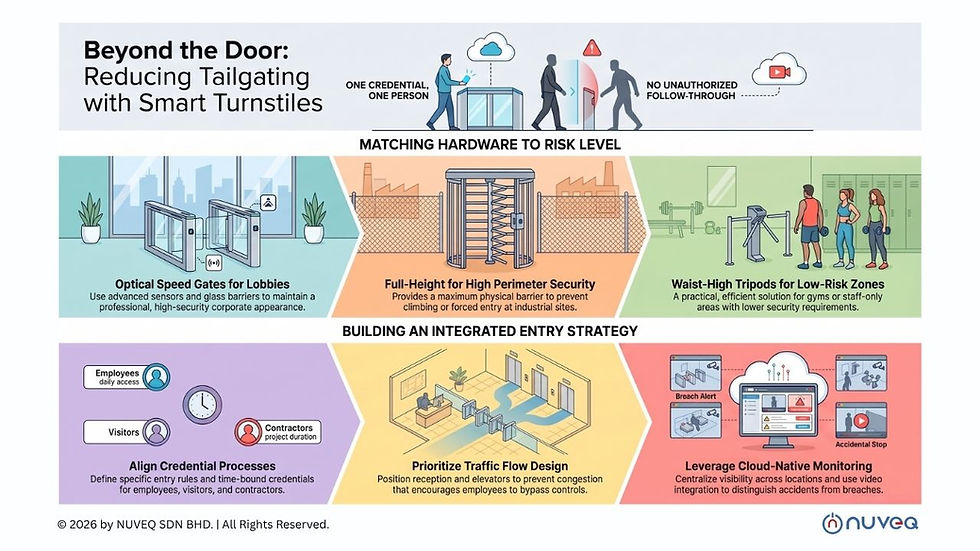Infographic on smart turnstiles reducing tailgating, with lobby gates, full-height turnstiles, tripod arms, and cloud monitoring.