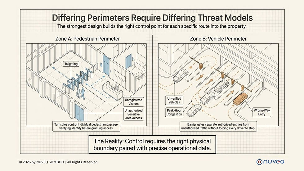 Infographic comparing pedestrian turnstiles and vehicle barrier gates, with labeled zones, cars, arrows, and security text.