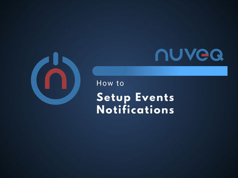 NUVEQ Cloud Management Portal interface displaying the setup process for event notifications, including configuration of event triggers, email/SMS recipient selection, and alert rule options for real-time monitoring.