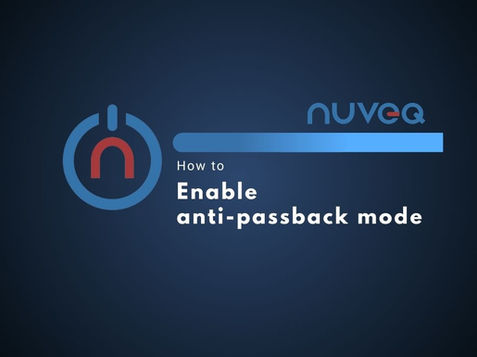 NUVEQ Cloud Management Portal interface displaying the steps to enable anti-passback mode, including options to configure entry/exit restrictions, access zones, and event monitoring.