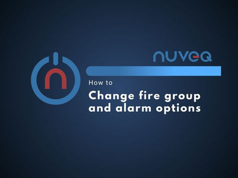 NUVEQ Cloud Management Portal interface demonstrating the process of modifying fire group and alarm options, including setting alarm thresholds, assigning fire groups, and configuring notification settings.