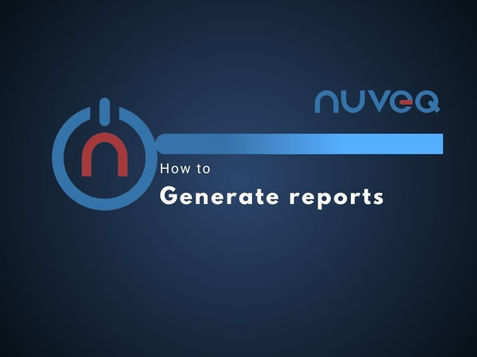 NUVEQ Cloud Management Portal interface demonstrating the report generation process, including options to filter by user, event type, date range, and export the report in various formats.