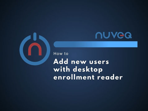 NUVEQ Cloud Management Portal interface demonstrating the process of adding cards with a USB enrollment reader, including steps for connecting the reader, scanning cards, and linking them to user profiles for access control.