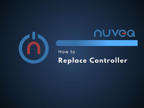 NUVEQ Cloud Management Portal interface demonstrating the process of replacing a faulty controller, including removing the old device, assigning the new controller, and updating configuration settings.