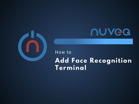 NUVEQ Cloud Management Portal interface displaying how to add a face recognition terminal, including terminal ID input, network setup, and user face data enrollment features.