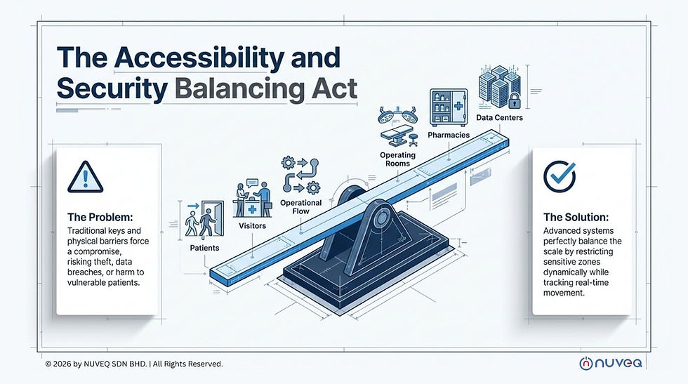 Infographic titled The Accessibility and Security Balancing Act shows a balance scale for patients, visitors, pharmacies, data centers.