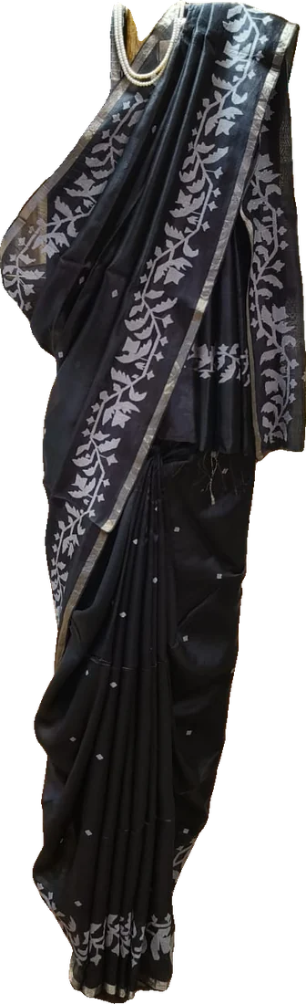 Black sari with white jamdani vine motifs