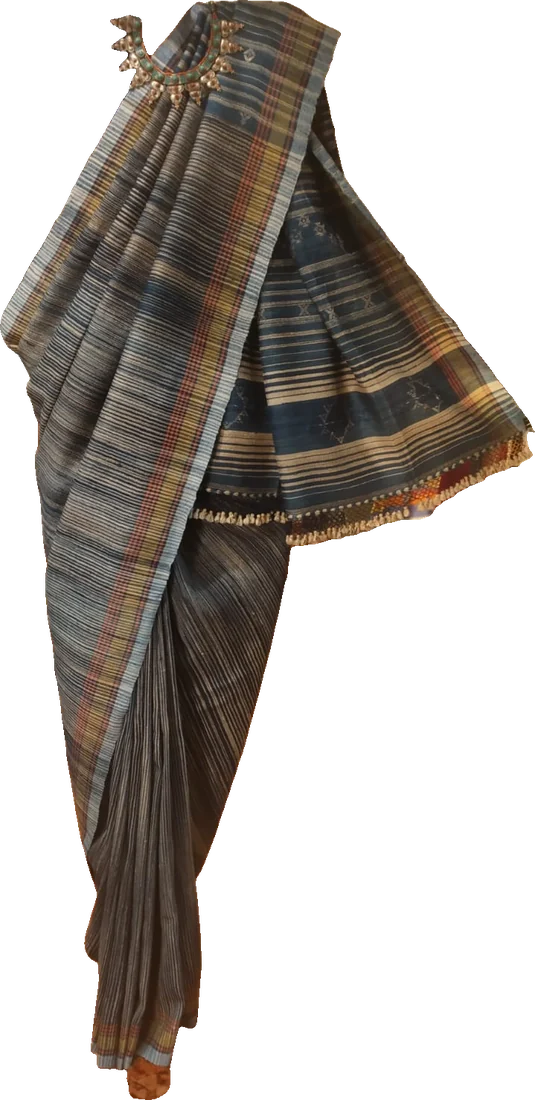 Striped ghicha silk sari in browns and greys